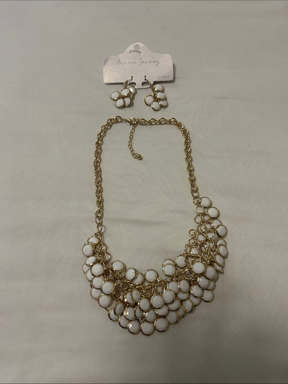 Fashion Jewelry Gold-Tone Necklace and White Accent Earrings Set